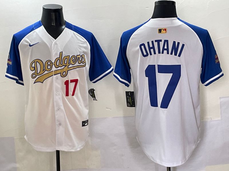 Men Los Angeles Dodgers #17 Ohtani White Blue Champion gold character Nike 2025 MLB Jersey style 50513->los angeles dodgers->MLB Jersey